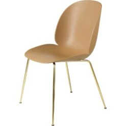Gubi Beetle Dining Chair Un-upholstered, Conic Base Brass, Amber Brown
